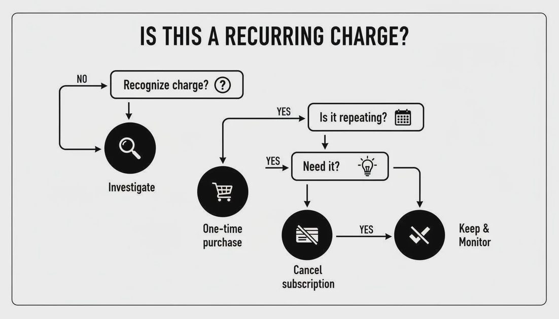 Subscription Decision Matrix. Four household subscription decisions: keep, downgrade, cancel, or investigate.