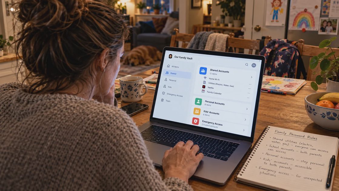 Close view of a household password manager showing shared accounts, personal accounts, kids’ accounts, and emergency access categories in a lived-in family home.
