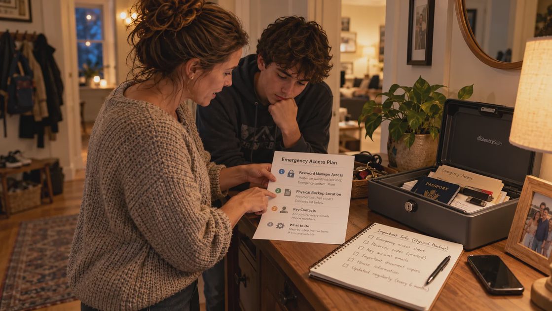 Lauren reviewing an emergency access plan with her son beside a fireproof safe containing backup documents, recovery information, and important household records.
