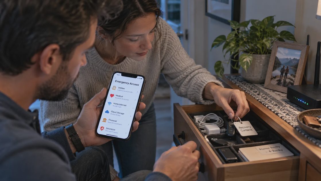 Emergency Access and Recovery Paths for Household Accounts Couple reviewing emergency access information on a phone while checking a home drawer with labeled backup contacts and household essential