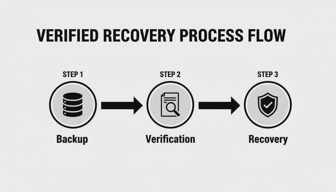 Photo Backup Restore Test Checklist Three-step explanatory diagram showing how to copy a photo from backup, open it separately, and verify it