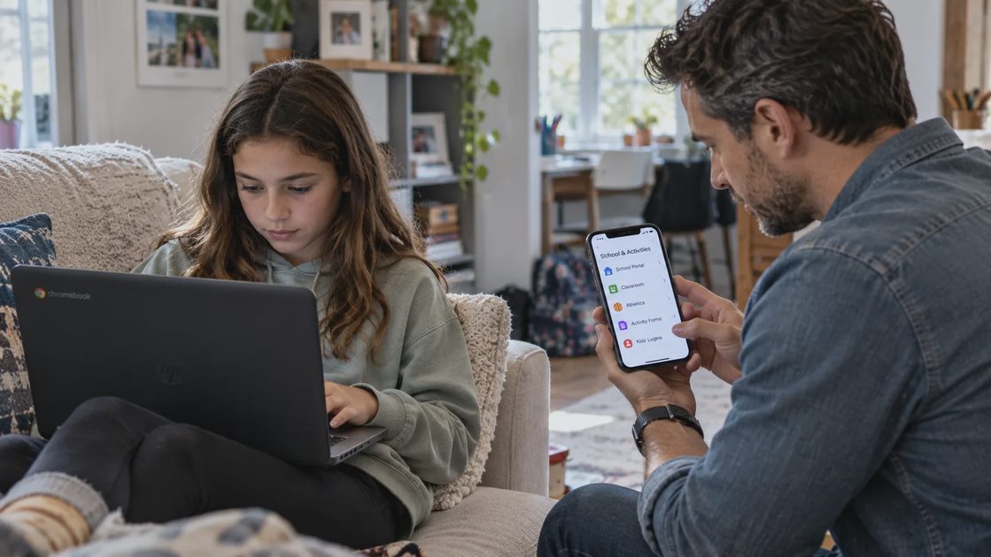 Managing School and Activity Accounts for the Family Girl using a Chromebook while a parent checks school and activity account access on a phone in a lived-in family home.