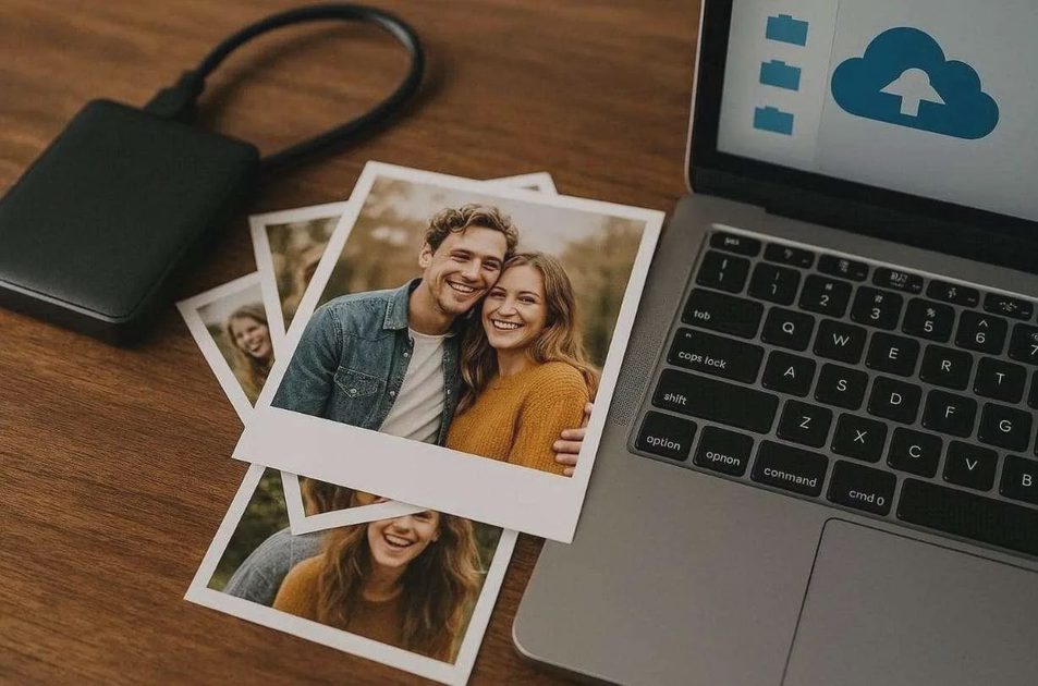 Independent Photo Copy and Archive External backup drive and printed family photos beside a computer in a lived-in home